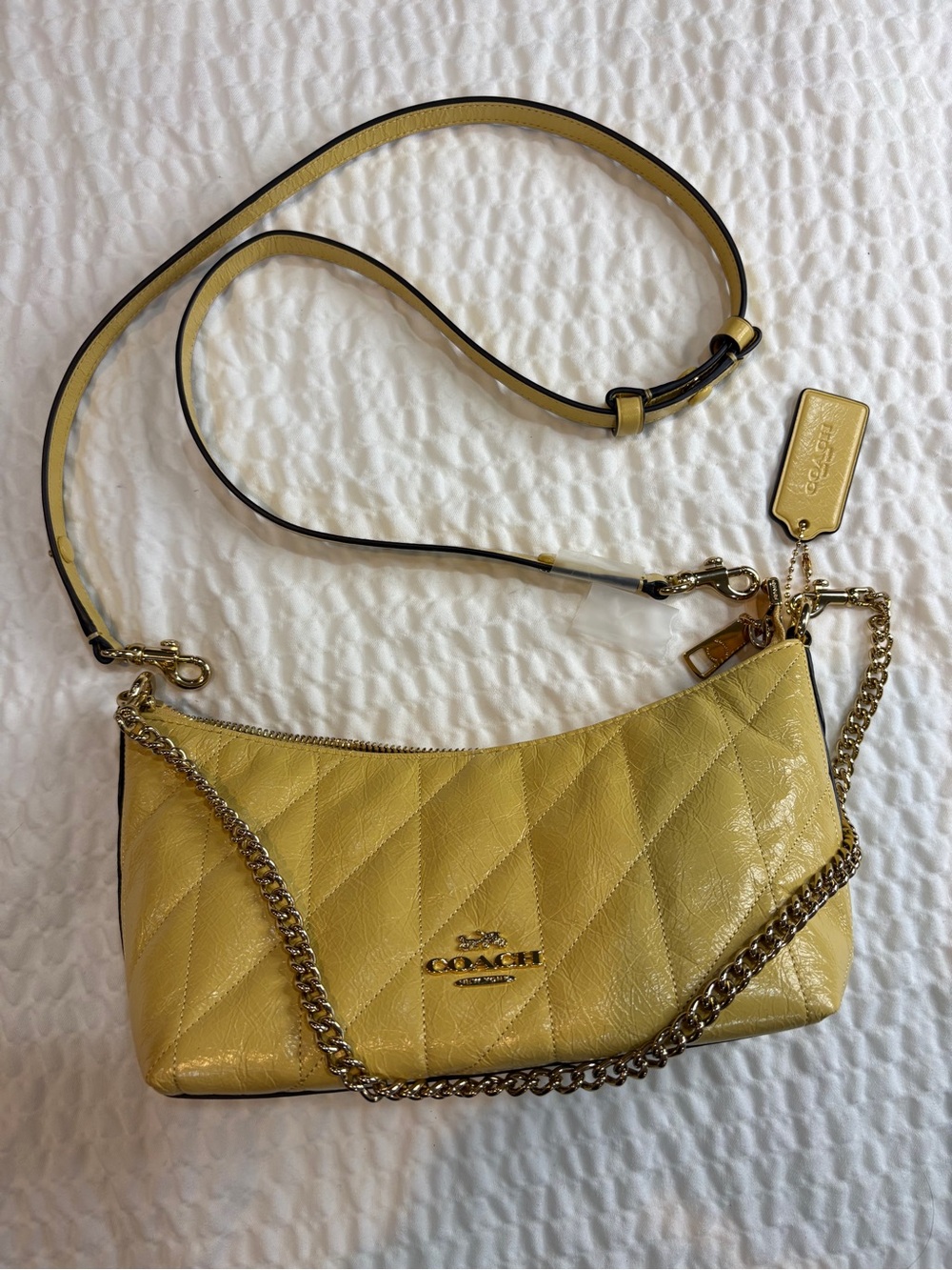 NWT Coach Caitlin Yellow Quilted Leather Shoulder Bag w Detachable Chain & Strap